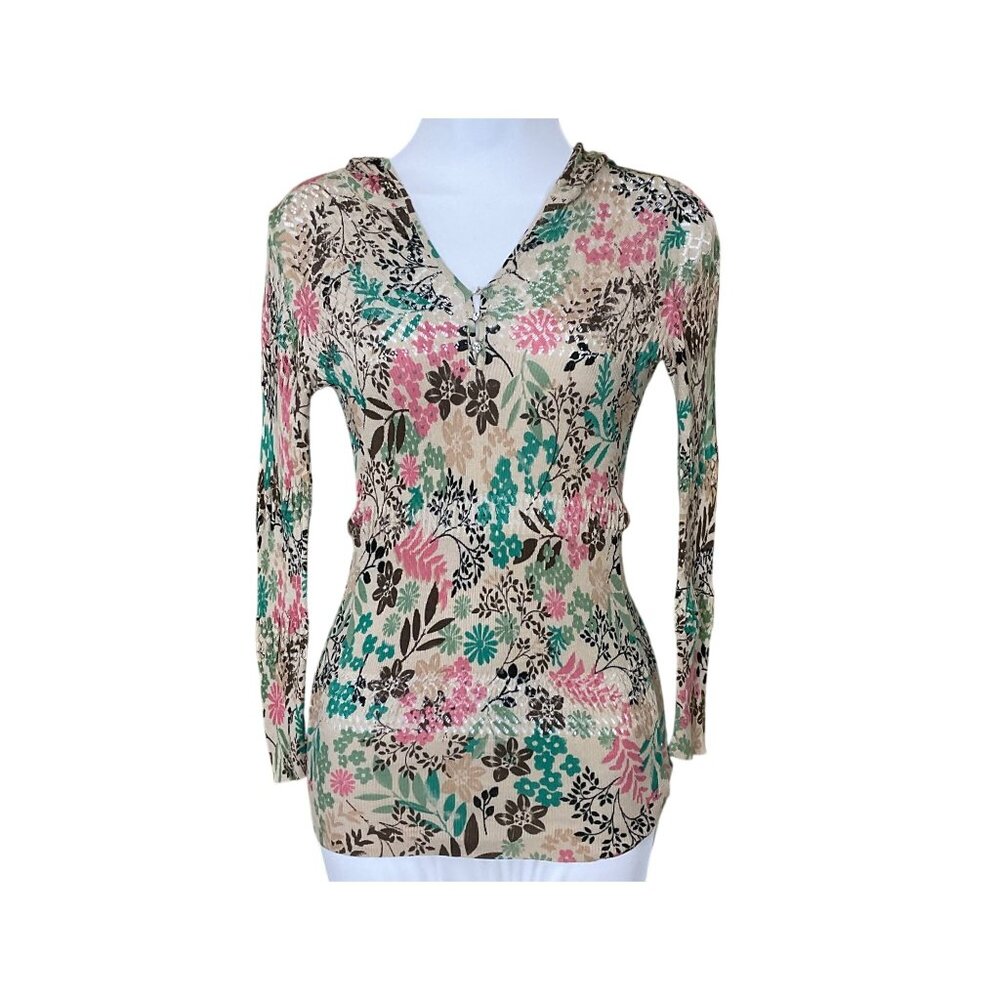 Charlotte Tarantola Long Sleeve Hooded Ribbed Stretch Pointelle Sweater Small